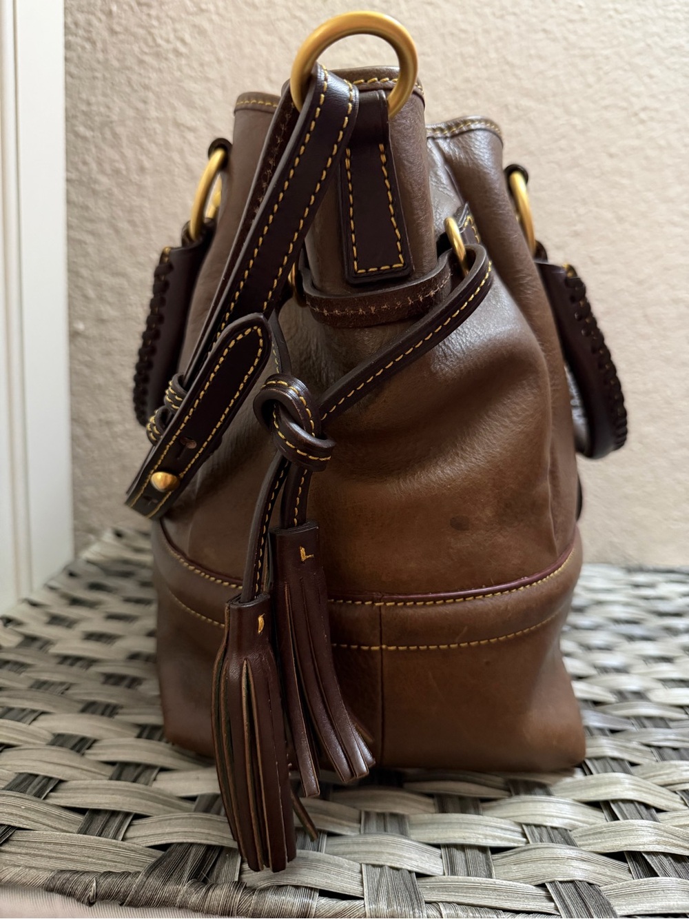 Dooney & Bourke Florentine Buckley Brown Leather Drawstring Satchel with Tassels - Picture 7 of 16